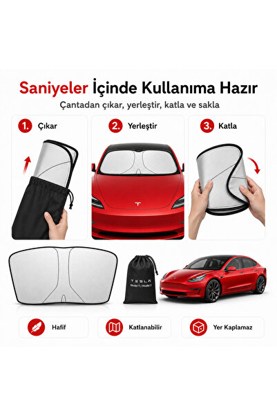 3BT Tesla Model Y Model 3 Ön Cam Güneşliği Katlanabilir Isı ve Güneş Koruyucu...