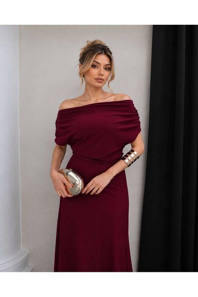 FRO FASHİON فستان نسائي متوسط الطول بقصة غير متماثلة وياقة قاربية