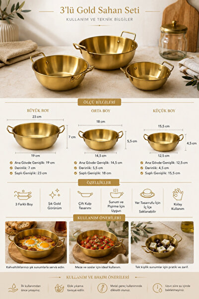 Tilbe Home 3lü Gold Metal Çift Kulplu Sahan Tava Seti Kahvaltılık Meze Menemen Mutfak Sofra Sunum Kabı Seti