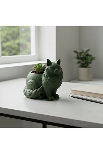 OEM Mini ghiveci decorativ Pisica Maine Coon, suport plante - Olive green com...