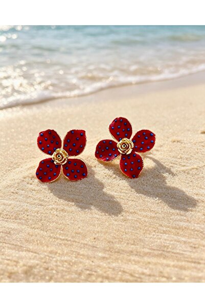 ayoljewelry Red Polka Dot Flower Steel Earrings Gold