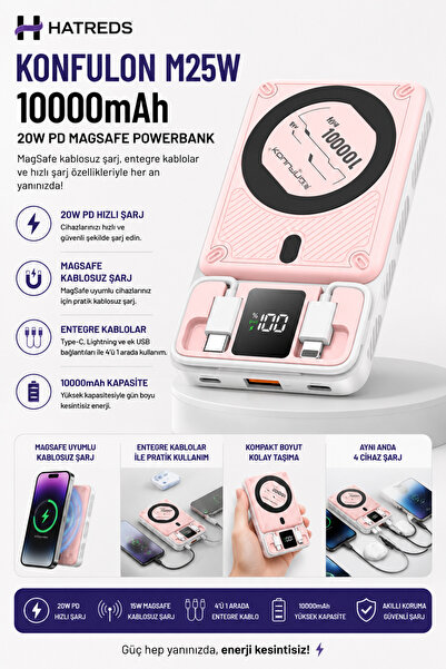 Hatreds 10000mAh 20W PD MagSafe Kablosuz Şarjlı Powerbank Dahili Type-C Light...