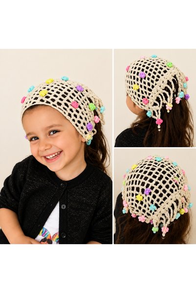 ADEN BEBEK AKSESUARLARI Children's Hand Knitted Mesh Bandana Crochet Colorful Bead Detailed Hair Accessory Cream Color Summer Fashion