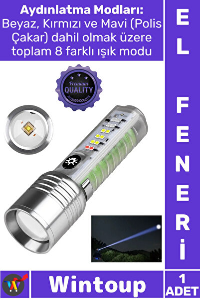 Wintoup #ElFeneri Mıknatıslı Oto TG LED Güçlü 8 Modlu Type C 1000 Lümen Polis...