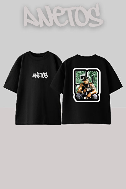 Anetos تيشيرت أسود كبير الحجم مطبوع بتصميم 50 Cent_8 للجنسين
