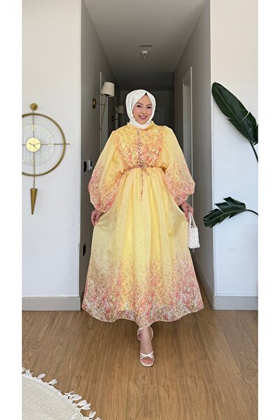 NİLNUR MODA Yeni Sezon Kadın Viral Amor Tül Modal Çiçek Desenli Elbise