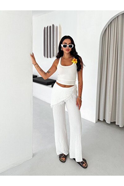 PIOVE Women's Ecru Wrinkled Textured Casual Palazzo Trousers with Tie Detail
