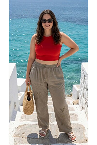shE tekstil Heart Mesh Embroidered Plus Size Linen Trousers