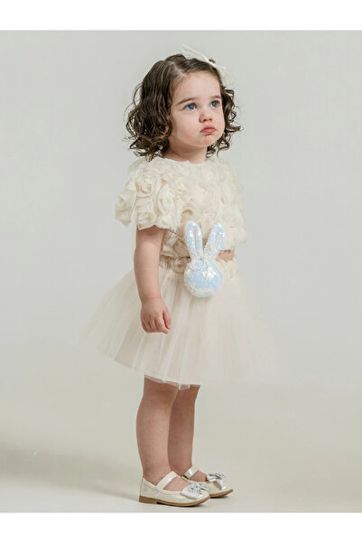 Maison Bebe Cocosis Girl's Crop Set with Rabbit Bag and Rose Embossed Skirt