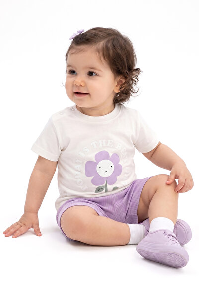 bebegen Baby Girl White Lilac Sunflower Patterned Shorts Set of 2