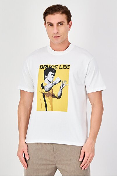 Bruce Lee Club Men Crew Neck Short Sleeve Graphic Print T-Shirt, White