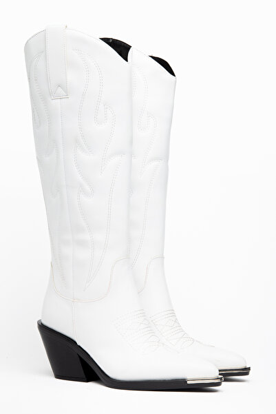 DENORA White Matte Leather Metal Toe Cap Below the Knee Embroidered Western C...