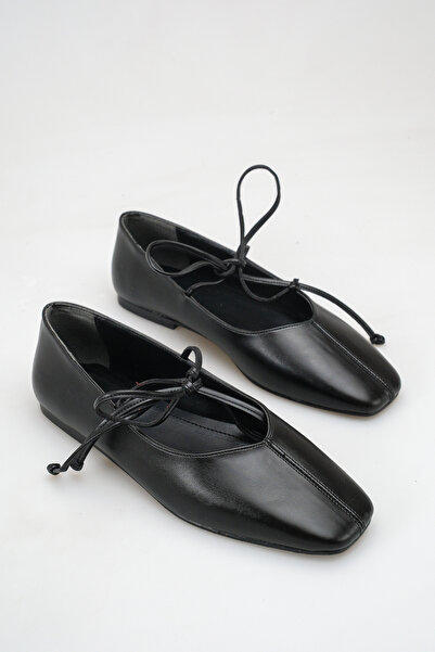 Ayakkabı Delisiyim Black Women's Ballerina Leather Lace-Up Detailed Square To...