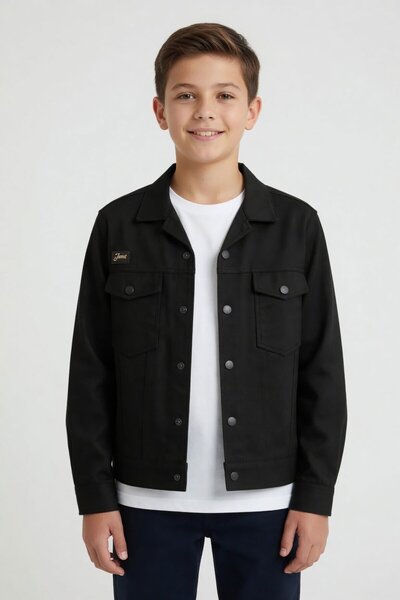 Cansın Mini Black Boy's Gabardine Long Sleeve Jacket with Chest Pockets 24585