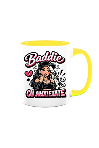 OEM Cană cu mesaj amuzant: "Baddie cu anxietate", albă cu interior galben, 33...