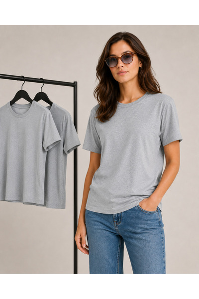 Hediyesepeti Kadın Regular Fit Bisiklet Yaka Kısa Kollu Tişört %100 Pamuklu T-Shirt Gri Renk