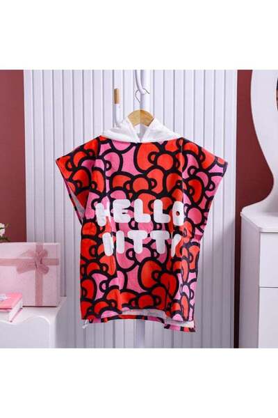 Danube Home Hello Kitty Terry Cotton Poncho For Kids - 60x120 cm Hooded Bathr...