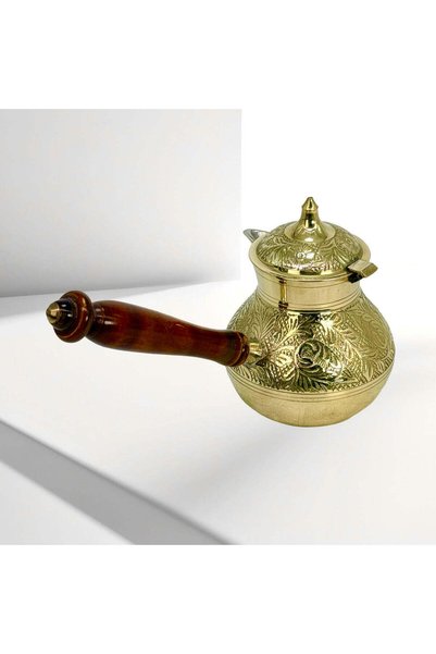 Al Athar Arts Brass Turkish Coffee Warmer Pot with Lid and Wooden Handle(H:6'.5''W:5''Capacity:650ml)