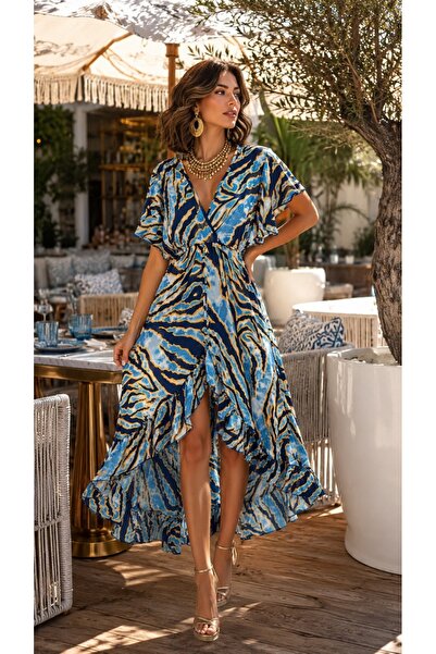LaraLisa 70% Viscose 30% Silk Deep V-Neck Front Flounce Tie-Waist Women's Sum...