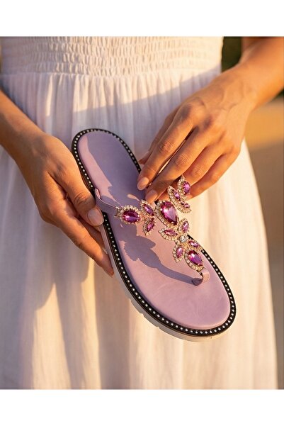 futsi shoes JULIETTE Lila Hakiki Deri Taş İşlemeli Parmak Arası Kadın Terlik