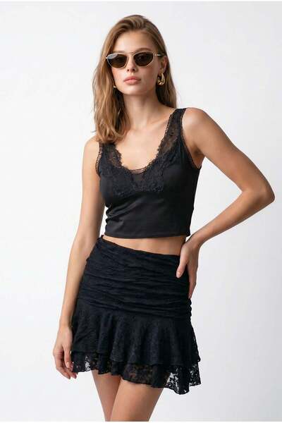 Mixray 2138 Women's Lace Patterned Shorts Lined High Waist Mini Skirt Black
