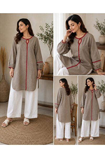 Libas lab - Taupe Textured Cotton Modest Shirt with Burgundy Lace Trim