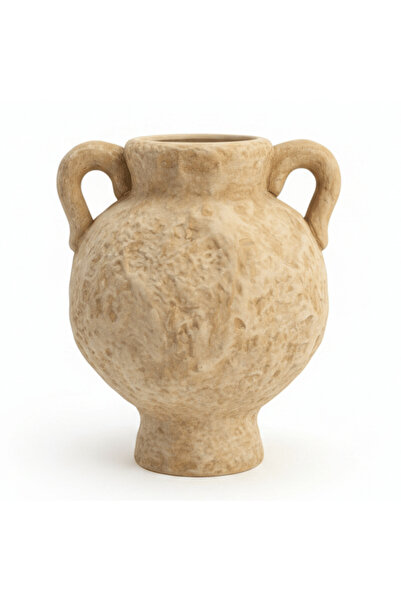 AKDC Beige Ceramic Amphora Vase 23 cm | Rustic Textured Double-Handle Decorat...