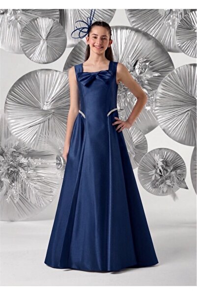 meneviş çocuk giyim Meneviş Bow Detailed Taffeta Long Girls' Evening Dress_Mn...