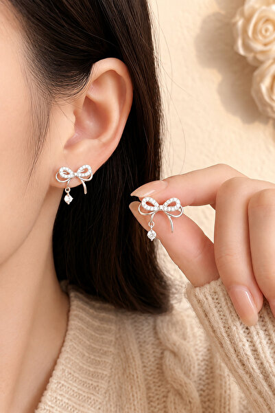 TREND COLLECTİON Silver Color Bowknot Earrings with Stones Elegant Women's Da...