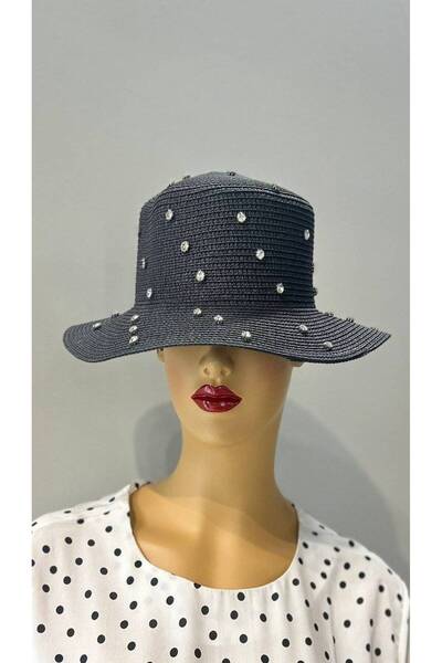 FashionApp Pălărie de soare, accesoriată cu strasuri, neagră