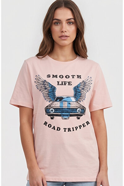 Collezione Women's Powder Pink 100% Cotton T-Shirt - Beaded Winged Printed T-...