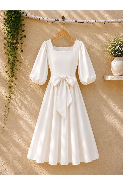 KÜÇÜĞÜM BUTİK White Flared Large Bow Square Neck Poplin Dress