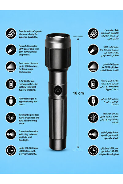 flexy Rechargeable 20W Laser LED Zoomable Flashlight with 6000mAh Battery & T...