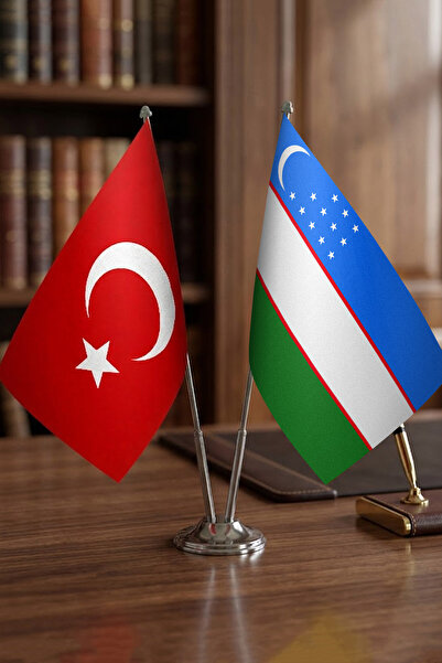 Günışığı Atölyesi Özbekistan Bayrağı Türk Bayrağı Masaüstü İkili Krom Direk M...