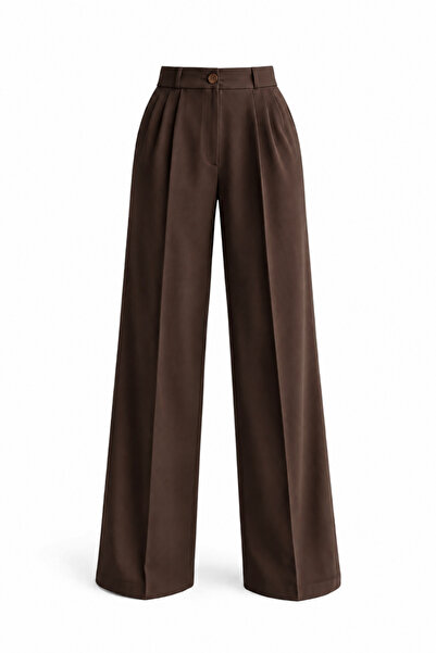 adba style Pleated High Waist Lycra Woven Palazzo Trousers 4074 Brown