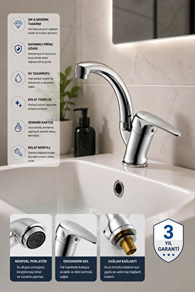 Krom Aç-Kapa Lavabo Bataryası | Pirinç Gövde | Seramik Kartuş | Su Tasarruflu
