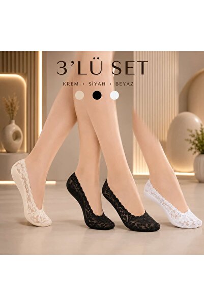 VitaMood Yaşam Women's Lace Ballerina Socks Set of 3 - Cream, White, Black - ...