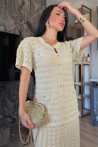 OKSOCOLLECTİON Premium Simli İnci Düğmeli Astarlı Uzun Triko Elbise
