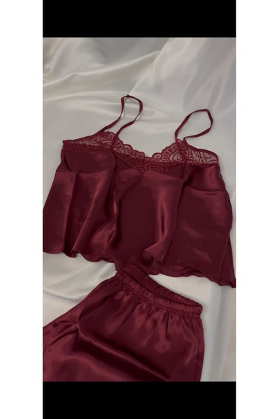 MODAKAYER Bordo Dantel Detaylı Şortlu Saten Takım