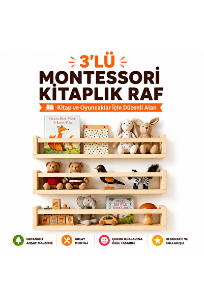 Genel Markalar 3’lü Montessori Kitaplık Rafı Ahşap Duvar Rafı Çocuk Odası Kit...