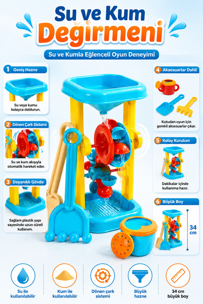 TRENDZONE Water and Sand Mill Beach Play Set 34cm – Beach, Pool and Garden Toy with Rotating Wheel and Accessory Set