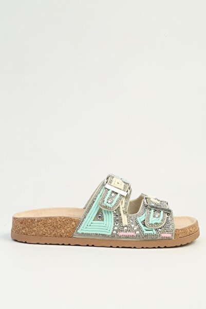 Pierre Cardin Women's Mint Green Beaded Double Buckle Cork Sole Slippers
