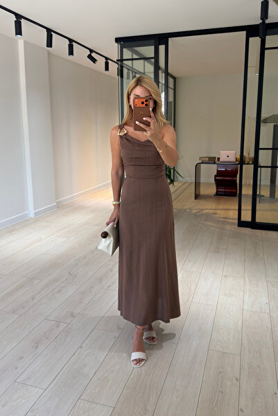 Sezgi Tekin Draped Brown Linen Dress with Shoulder Accessory Detail