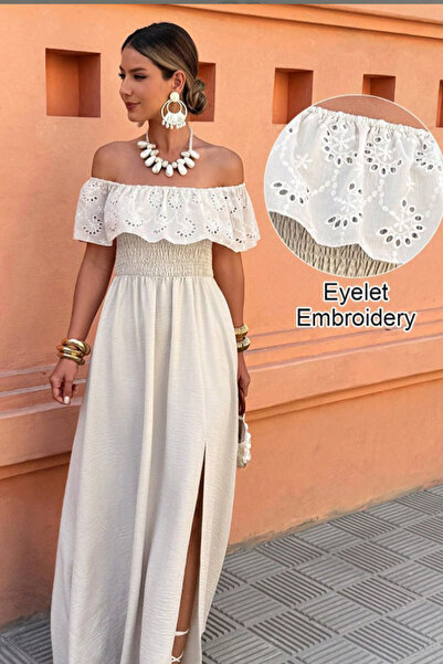 missamour Women's Madonna Collar Scallop Embroidered Summer Maxi Dress