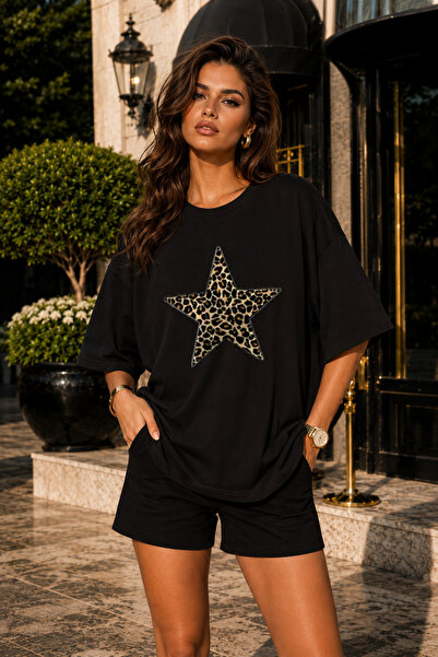 FECCY Premium Leopard Star Printed Oversize Women's T-Shirt Cotton Oversize T...