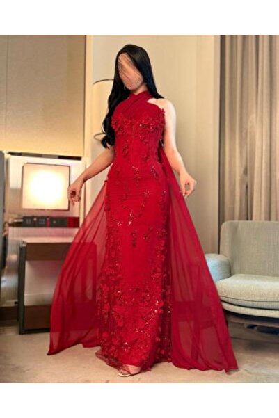 BASMA FASHION Red corset dress with extended cross collar, floral embellishme...
