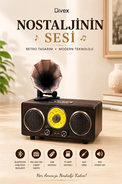 Divex Nostaljik Bluetooth Müzik Çalar Ahşap Tasarımlı FM/AM Radyo USB TF Kart...