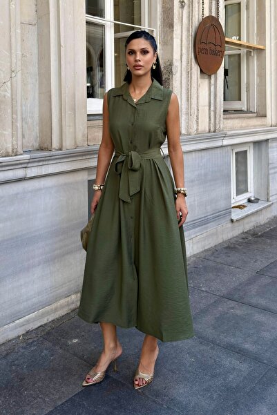 BEJNA Women's Belted Linen Textured Summer Shirt Dress