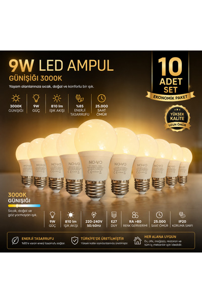 Novo Ampul 10 Adet 9W LED Ampul E27 Duy 3000K Günışığı Sarı Işık – 810 Lümen ...