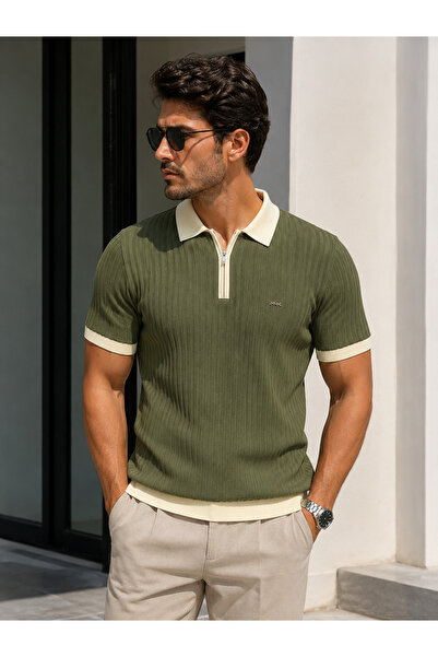 NOVARA SHOP Erkek Çağla Yeşili Fermuarlı Polo Yaka Fitilli Triko Tshort